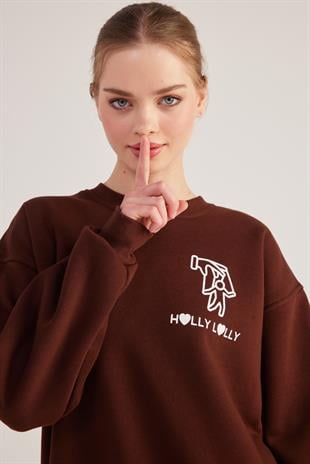 Oversize Kesim Unisex Gaslighting Sweatshirt Kahve