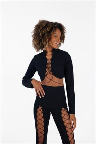 Crop Model Dekolteli Bel Bağlamalı Lui Bluz Siyah