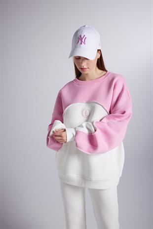 Şardonlu 3 İplik Kumaş Logolu Oversize Nola Sweatshirt Beyaz