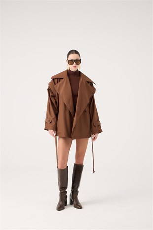 Kemerli Oversize Kesim Sara Trençkot Kahve
