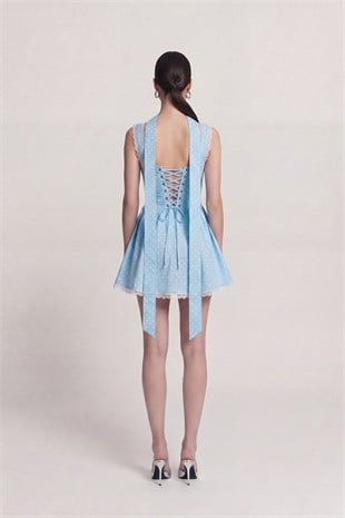 Polka Dot Shawl Detail Lace Mini Yvonne Dress Blue