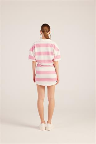 Polo Yaka Çizgili Mini Pamela Elbise Pembe