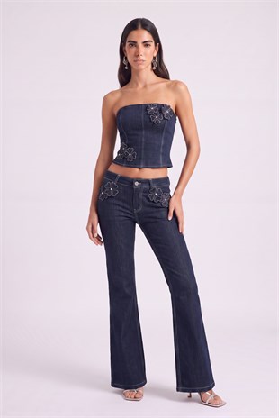 Çiçek Detaylı Düşük Bel Flare Clover Jean Pantolon Lacivert