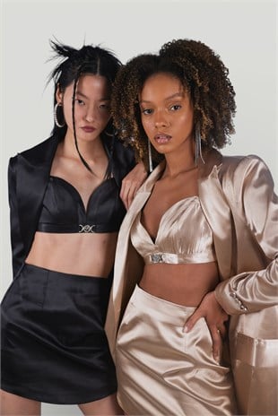Askılı Crop Saten Fancy Büstiyer Bej