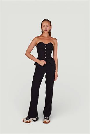 Straplez Kesim Astarlı Panky Bluz Siyah