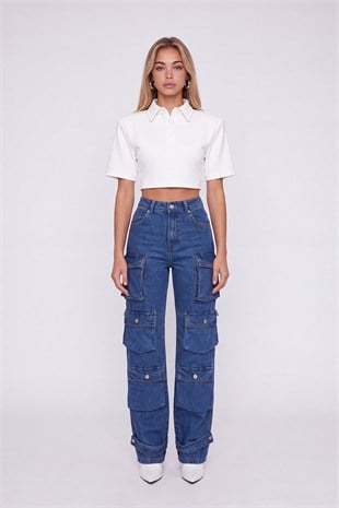Yüksek Bel Wide Leg  Cargo Jean Pantolon Mavi