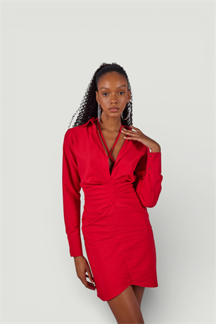 Boyundan Bağlamalı Dekolteli Mini Roar Elbise Kırmızı