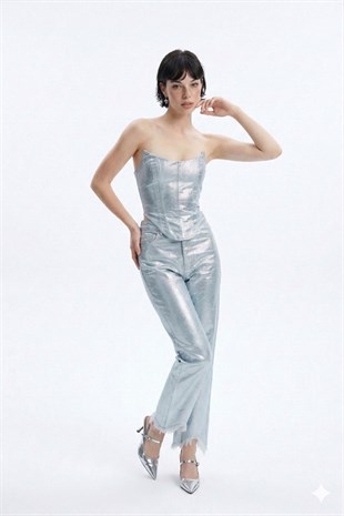 Parlak Kaplamalı Glossy Jean Büstiyer Mavi