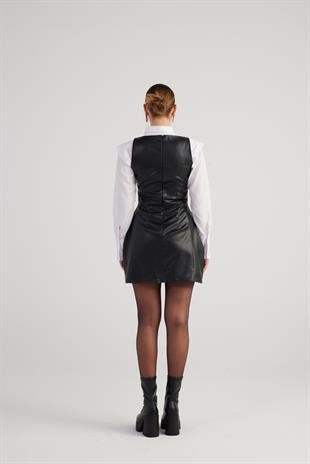 Kare Yaka Vegan Deri Larissa Elbise Siyah