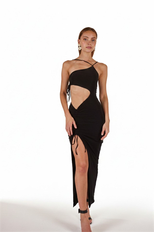 Tek Omuz Göbek Dekolteli Yırtmaçlı Esnek Ellie Elbise Siyah