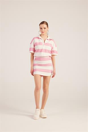 Polo Yaka Çizgili Mini Pamela Elbise Pembe