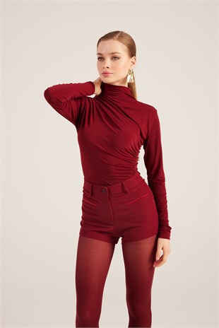Yüksek Bel Fermuarlı Mini Bailey Şort Bordo