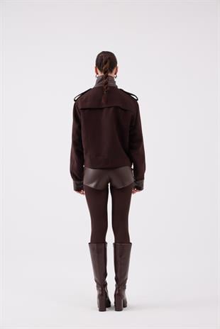 Lina Suede Jacket with Stand-Up Collar and Leather Details, Brown