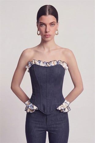 Venus Bustier with Ruffle Detail and Jean-Look Design, Navy Blue