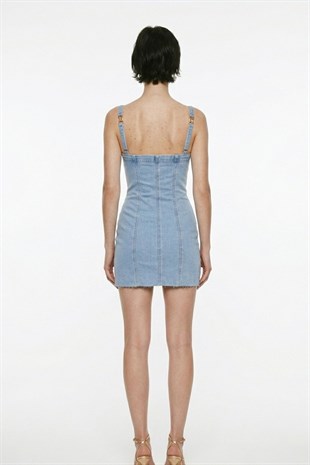 H Aksesuarlı Likralı Mini Danny Jean Elbise Mavi