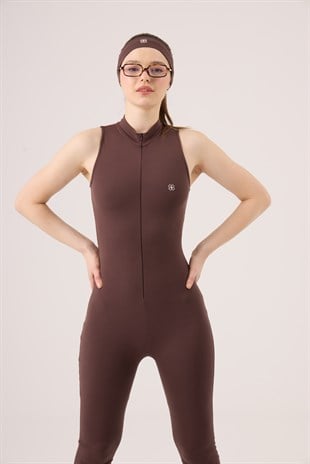Fermuarlı Kolsuz Rider Tulum Kahve