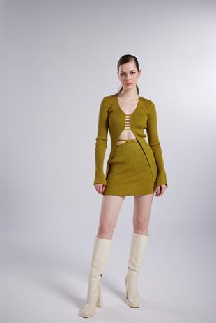 Beli Bağlama Detaylı Fels Triko Mini Etek Yeşil