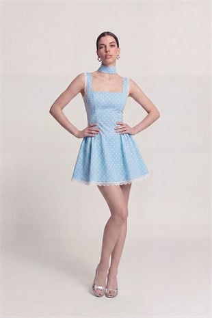 Polka Dot Shawl Detail Lace Mini Yvonne Dress Blue