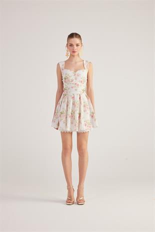 Eteği Brode Detaylı Çiçekli Mini Romance Elbise Pembe