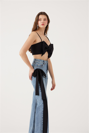 Yüksek Bel Kurdele Detaylı Wide Leg Kyla Jean Pantolon Siyah