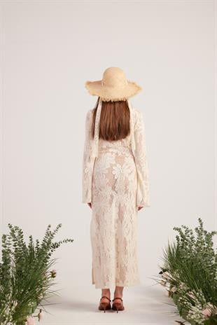 Çiçek Motifli Uzun Zeya Triko Elbise Bej