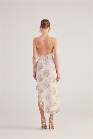 Tek Omuzlu Fırfır Detaylı Şifon Amorous Elbise Ekru