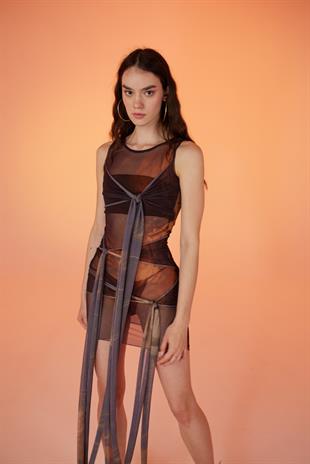 Bağlama Detaylı Ensek Tül Wrap Elbise Kahverengi