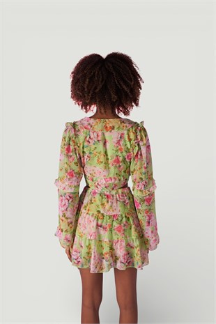 Çiçek Desenli Lastikli Yüksek Bel Mini Flora Etek Yeşil