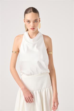 Degaje Yaka Saten Dalia Bluz Beyaz