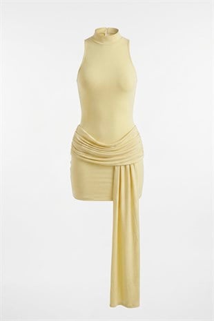 Yellow Mini Daisy Dress with Open Back and Draped Skirt