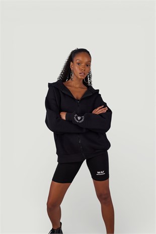 Uzun Kol Kapüşonlu Fermuar Kapamalı Hoody Sweatshirt Siyah