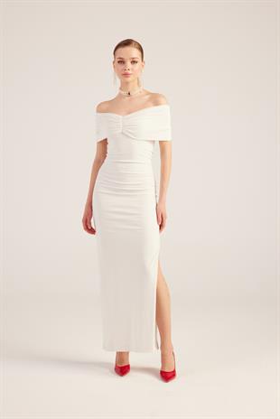 Madonna Yaka Yırtmaçlı Uzun Leila Elbise Beyaz