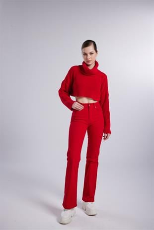 Yüksek Bel Slim Flare Likralı Alert Jean Pantolon Kırmızı