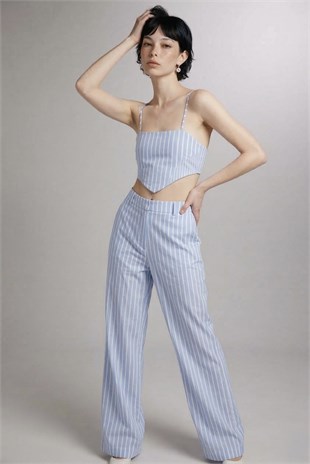 Askılı Çizgili Harmony Poplin Büstiyer Mavi