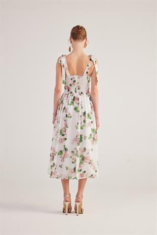 Çiçek Desenli Gloplu Uzun Şifon Donatella Elbise Beyaz