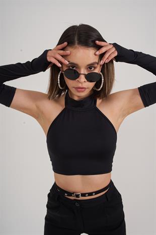 Crop Model Kol Detaylı Pretty Bluz Siyah