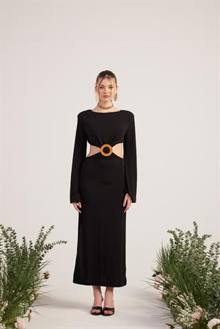 Esnek Kumaş Sırt Dekolteli Uzun Cameron Elbise Siyah