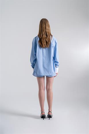Oversize Kesim Çizgili Harmony Poplin Gömlek Mavi