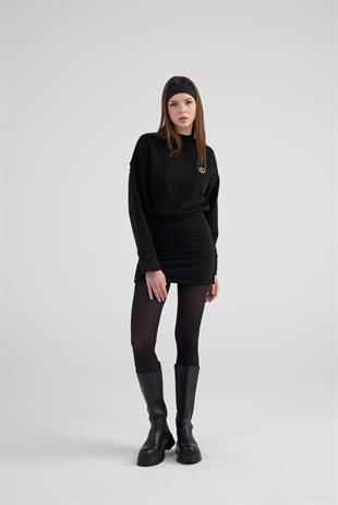 Yırtmaçlı Dokuma Kumaş Mini Claire Elbise Siyah