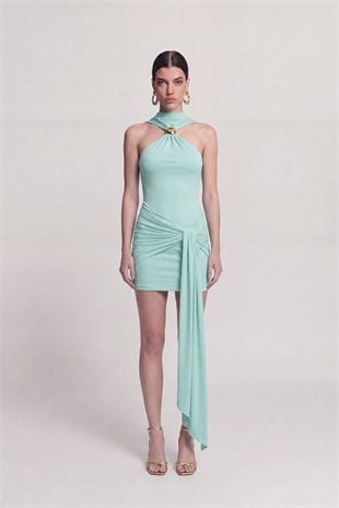 Halter Yaka Aksesuarlı Mini Lilian Elbise Mavi