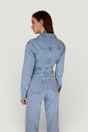 Crop Model Düğme Kapamalı Biana Jean Ceket Mavi