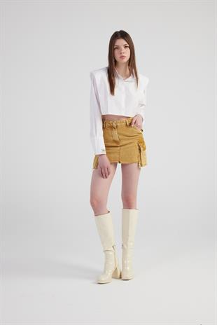 Mermer Desenli Kargo Cep Detaylı Mini Rusted Jean Etek Camel