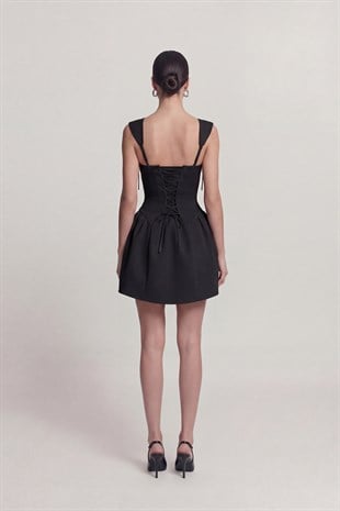 Eyelet Strap Detail Mini Sandra Dress Black