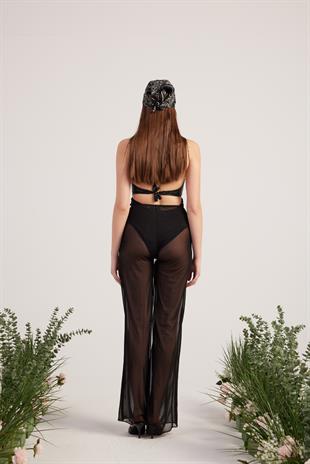 Beli İp Detaylı Tül Pareo Shirred Pantolon Siyah