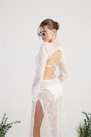 Dantelli Sırtı Açık Çift Yırtmaçlı Uzun Adeline Elbise Beyaz