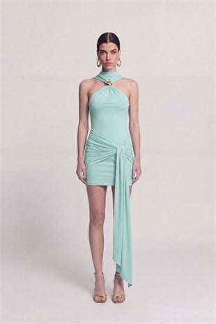 Halter Yaka Aksesuarlı Mini Lilian Elbise Mavi