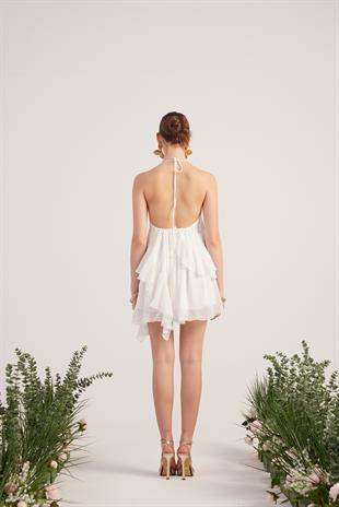 Fırfır Detaylı Şifon Kumaş Mini Ulya Elbise Beyaz