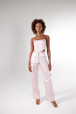 Yüksek Bel Kargo Cep Saten Maddy Pantolon Pudra
