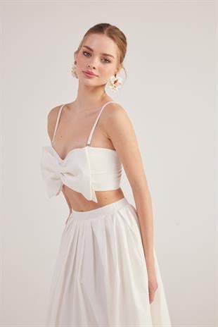 Kurdele Görünümlü Crop Jazmin Bluz Beyaz