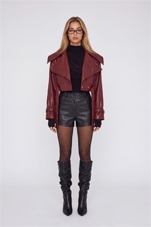Crop Model Astarlı Kemerli Neeko Deri Ceket Bordo